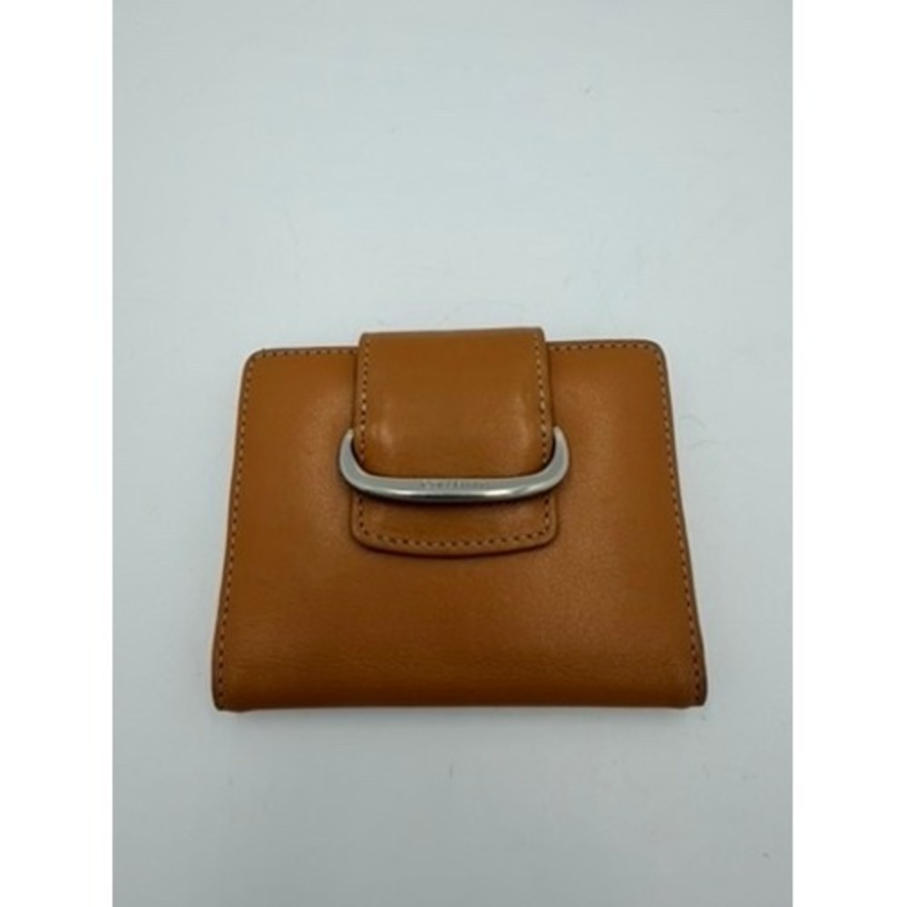 Cole Haan Tan Leather Bifold Card Case Wallet Silver Bar Accent ID Window